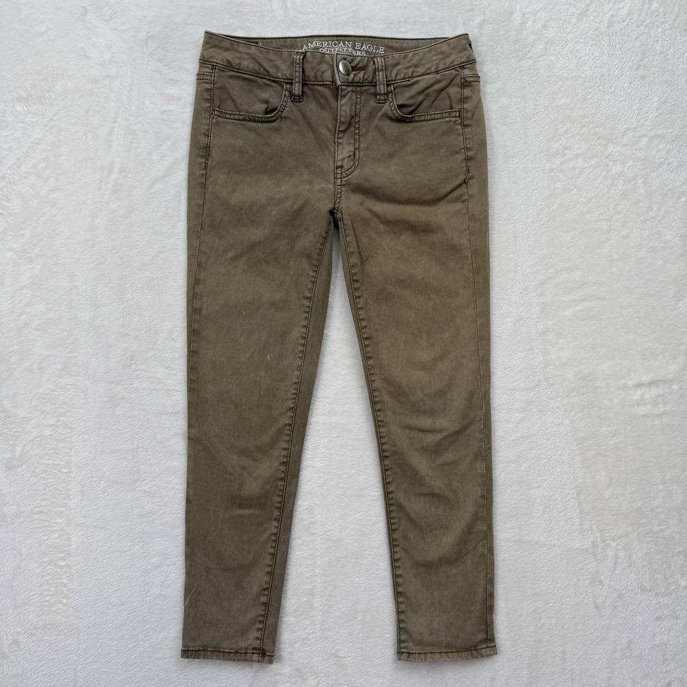 American Eagle Jegging Crop Womens 4‎ Long Olive Green AEO Sateen Skinny Pants